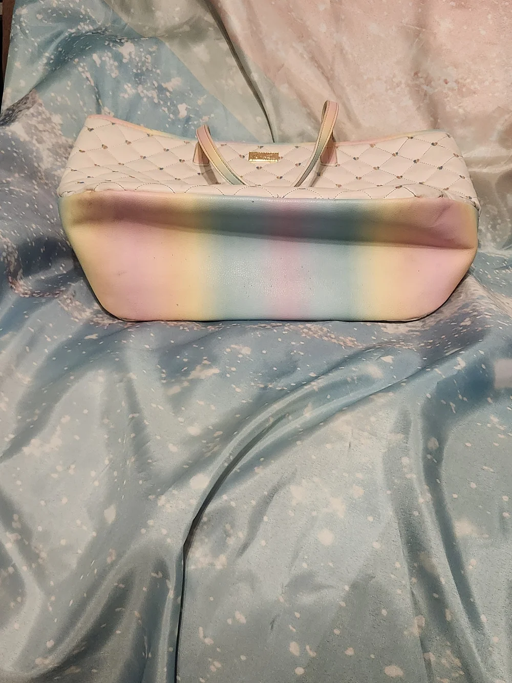 Betsey Johnson Quilted Pastel Tote Bag with Rainbow Trim
